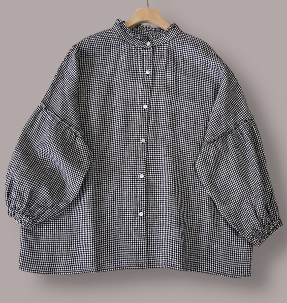 ギンガムチェック × フリルの リネン100％ シャツ】 重ね着に
