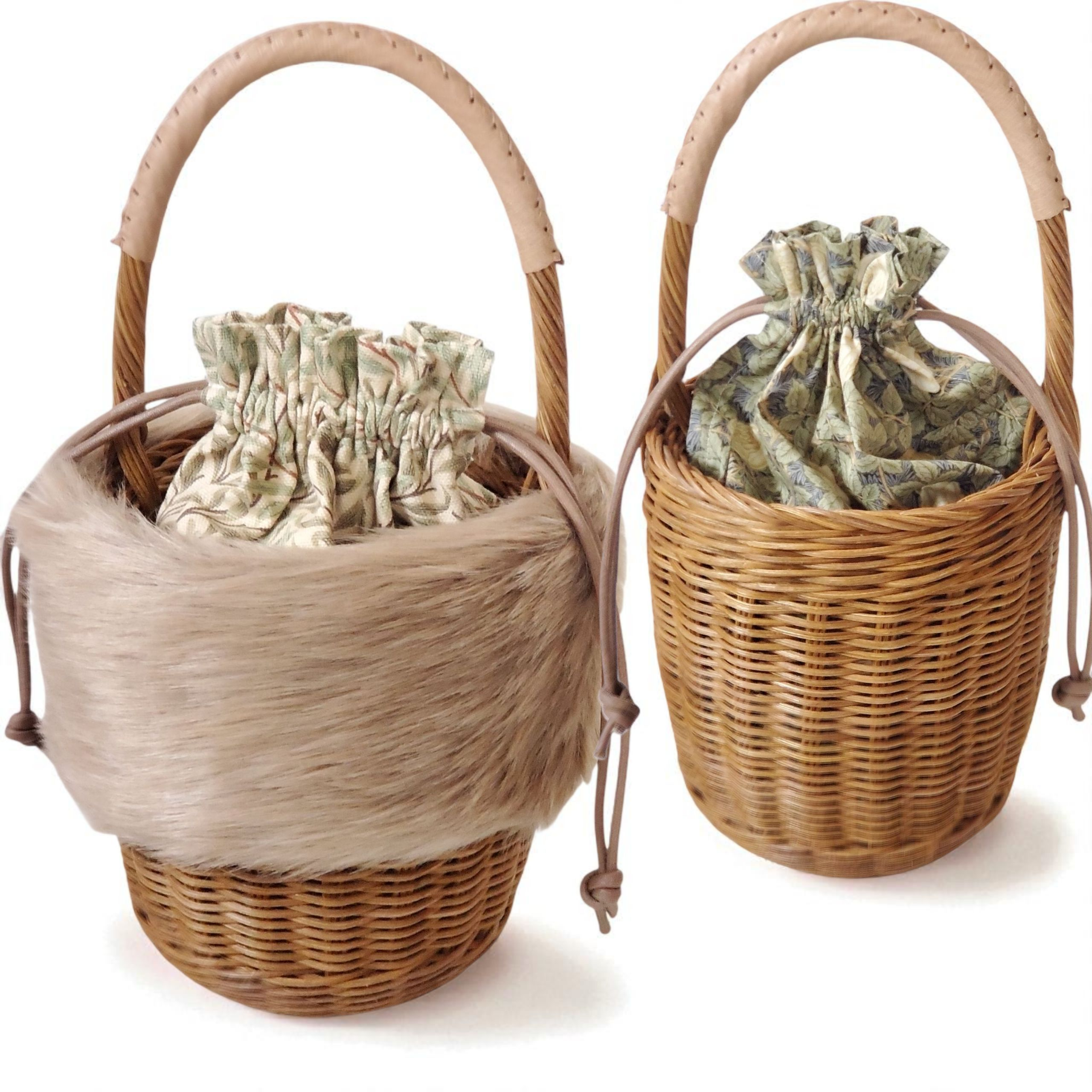 【creema限定] オールシーズン使える籐かごバッグ◆持ち手 籐丸芯タイプ◆ エコファー&選べる巾着袋付き