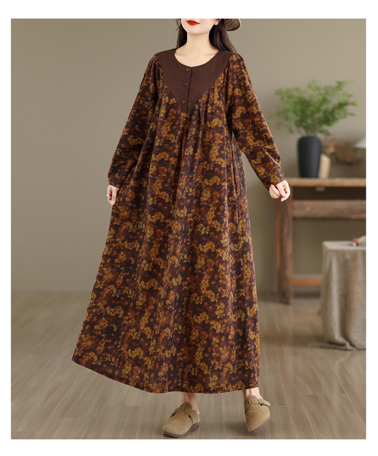 秋レディースリネンコットン エスニック調 ルーズ 小柄フラワープリント ワンピース【返品・交換可】品質最優先25-285