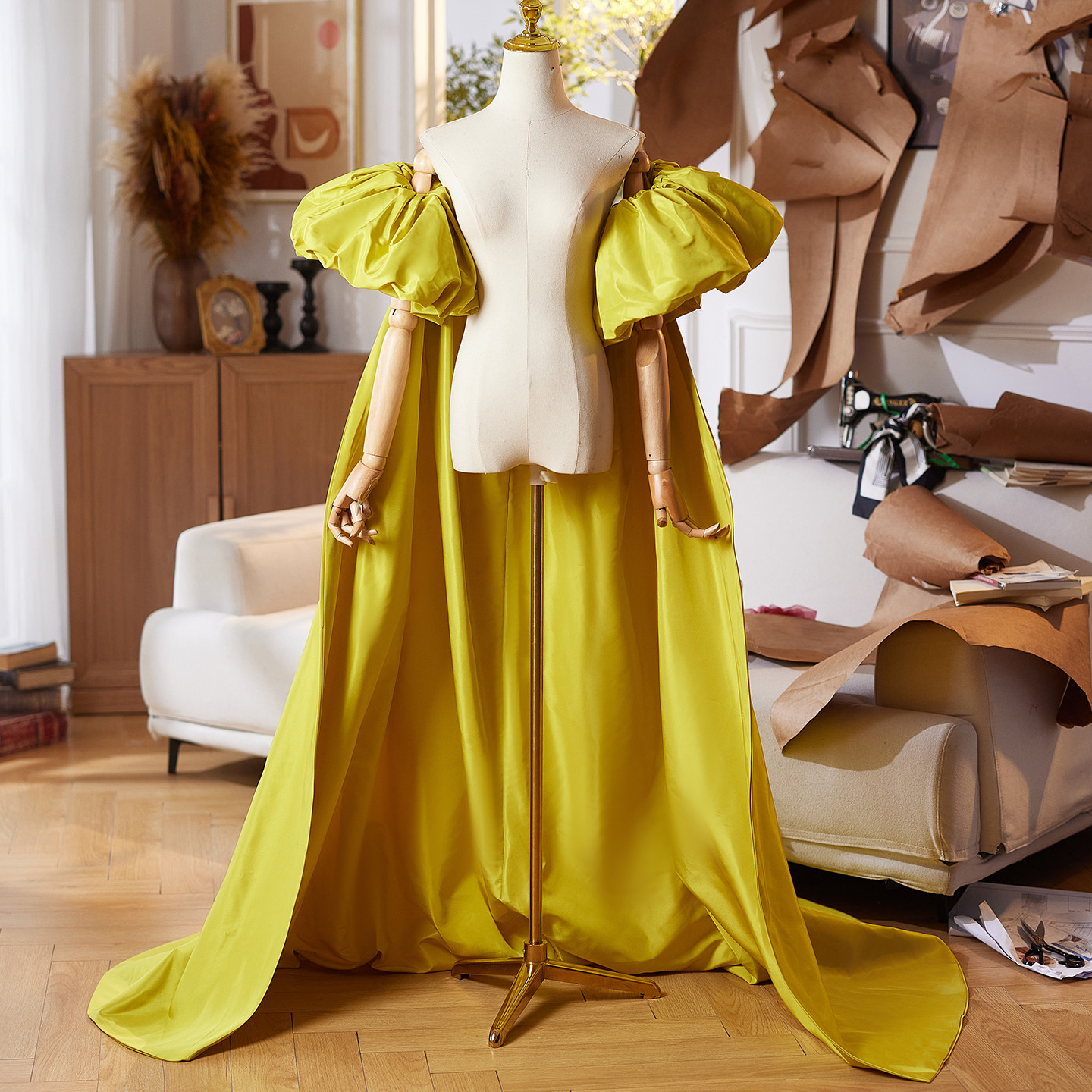 ケープ トレーン 裾引き 黄色 DIY 綺麗 肩飾り アクセサリー パーティー ウェディングドレス DTY464