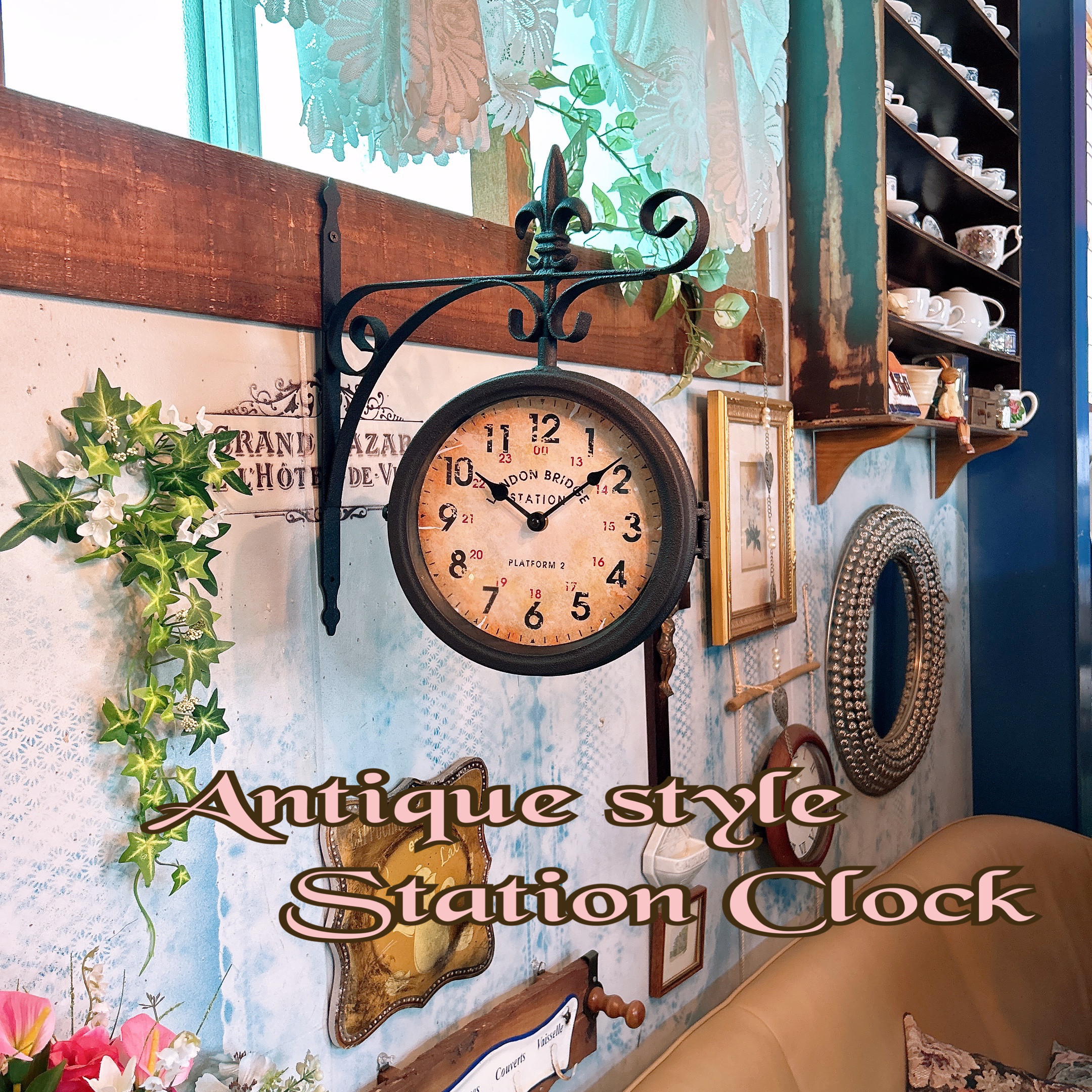 おしゃれな壁掛け時計 №.10 両面時計ウォールクロック  アンティーク回転時計  ダークブラック