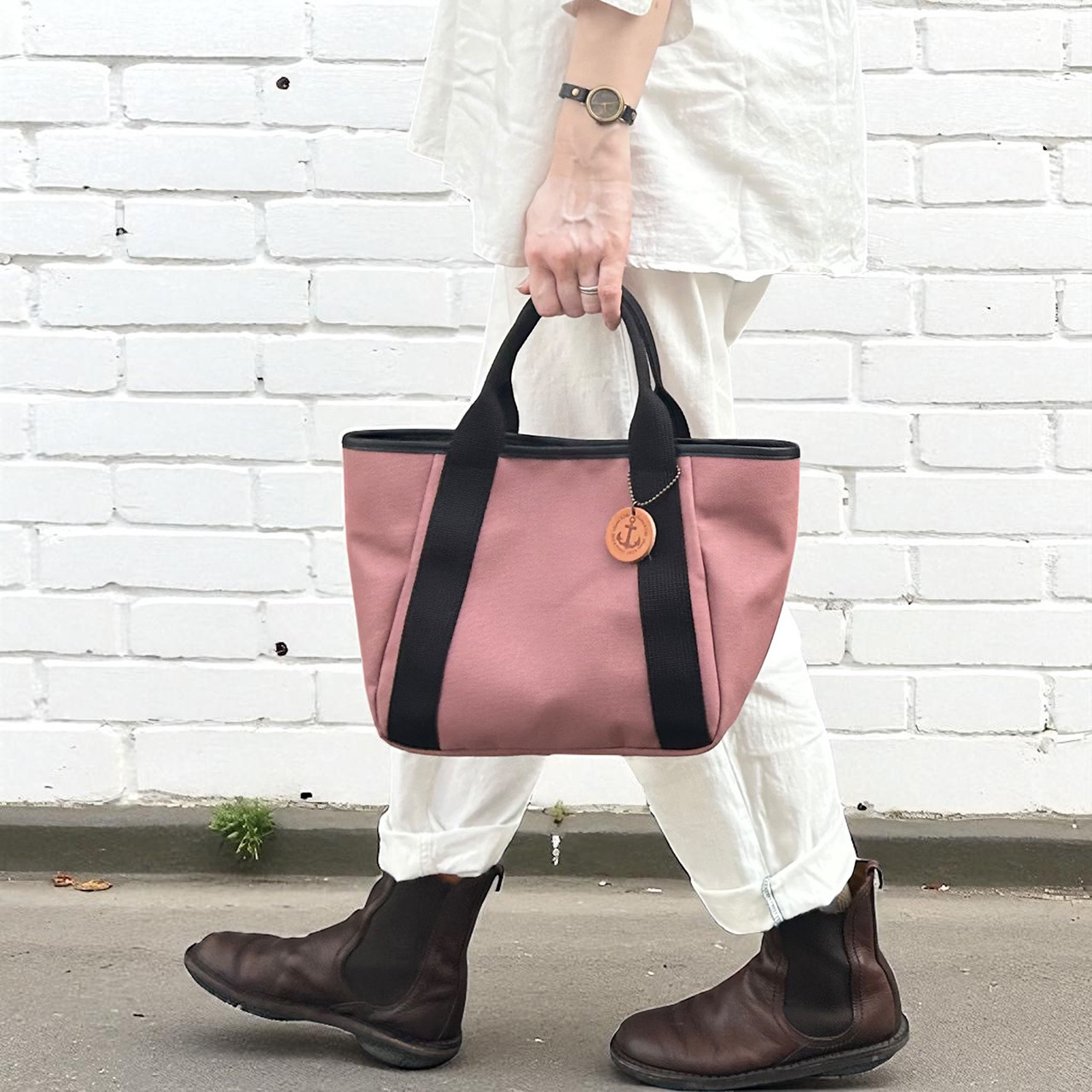 オプションで私好みにカスタマイズ！　国産帆布トートバッグ　いつものトートS：アズキ×クロ×Pクロ＜受注製作＞