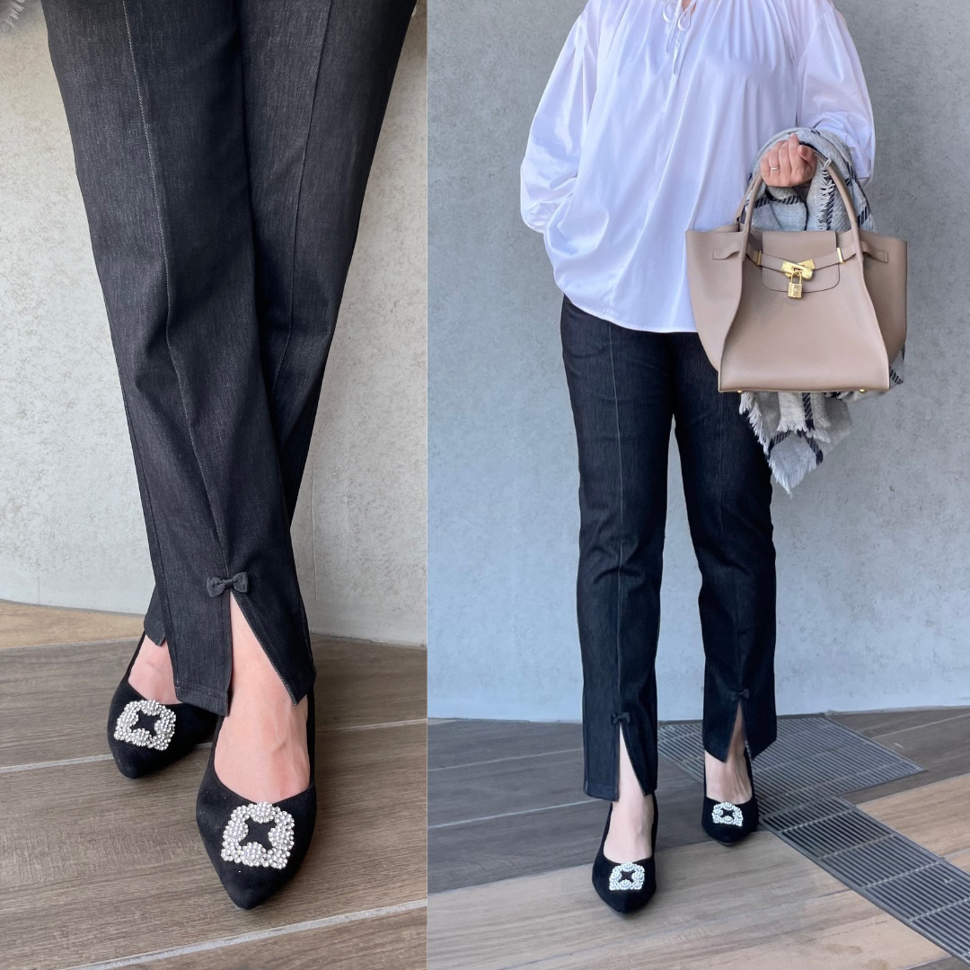 細見え♡柔らかスーパーストレッチ 美脚デニムパンツ【黒 M】KMC-779 973840