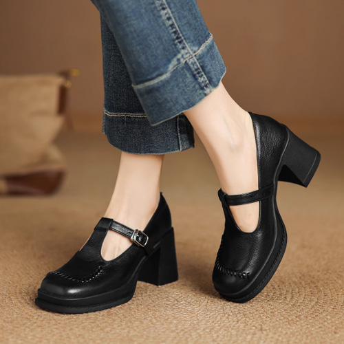 7.5cmヒール☆厚底パンプス 本革 ブロックヒール 浅め口 秋 サンダル