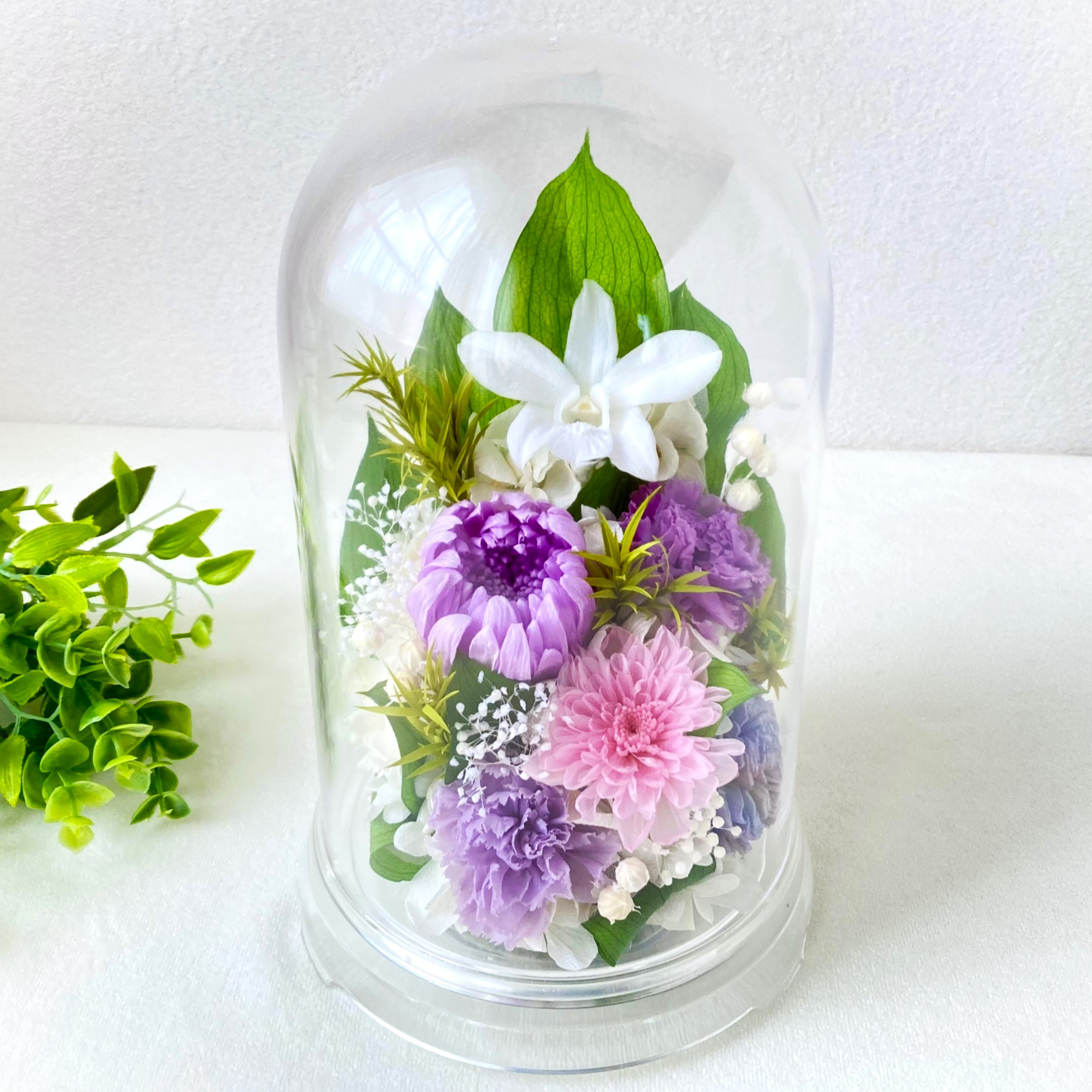 【新色】仏花  プリザーブドフラワー　輪菊とデンファレのクリアードーム　お供えアレンジ  ライラック　Lサイズ