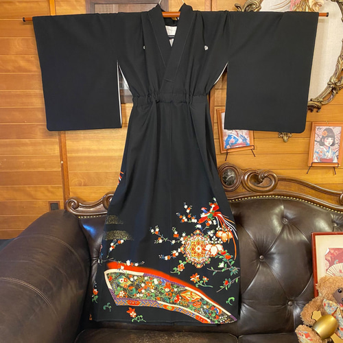 留袖ワンピース 4L120cm 和洋折衷 黒留袖 着物 リメイク ワンピース ドレス 洗える 化繊