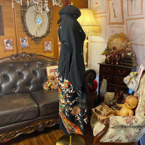 和洋折衷 黒留袖 着物 リメイク ワンピース ドレス 洗える 化繊 花唐草