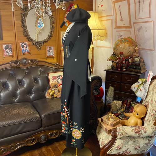 和洋折衷 黒留袖 着物 リメイク ワンピース ドレス 洗える 化繊 花唐草