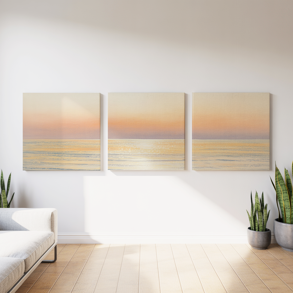 【3枚セット】マジックアワー　日没の水平線　キャンバスアート　アブストラクト　抽象画　インテリア　北欧　ミニマル
