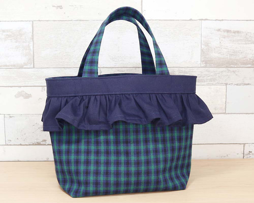 フリル付き ファミリア風 緑チェック タータンチェック マチあり