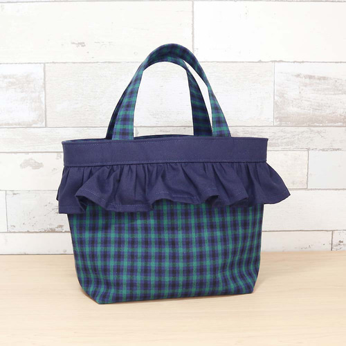 フリル付き ファミリア風 緑チェック タータンチェック マチあり