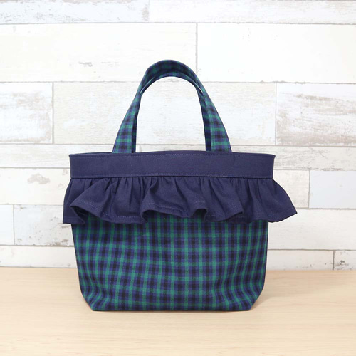 フリル付き ファミリア風 緑チェック タータンチェック マチあり