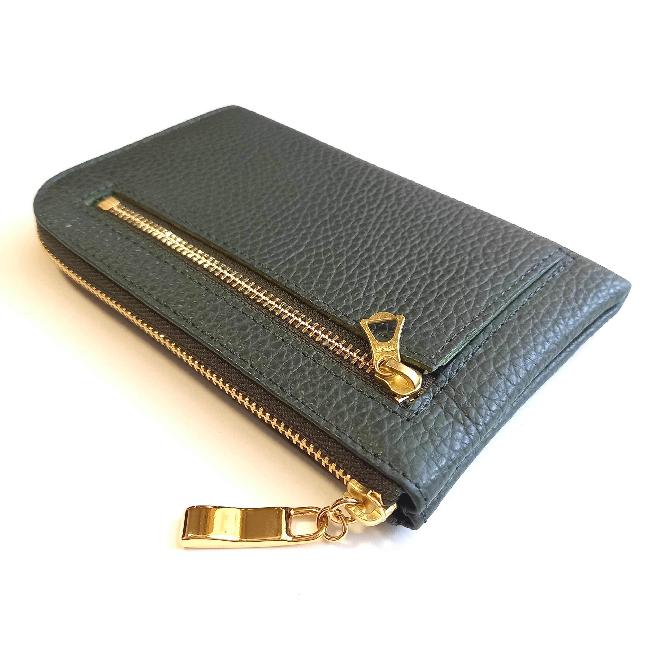 スリムで軽いミニ財布(チャコールダークグリーン) カード入れは10か所！高級イタリアンレザー◇コンパクト L字 革 薄い