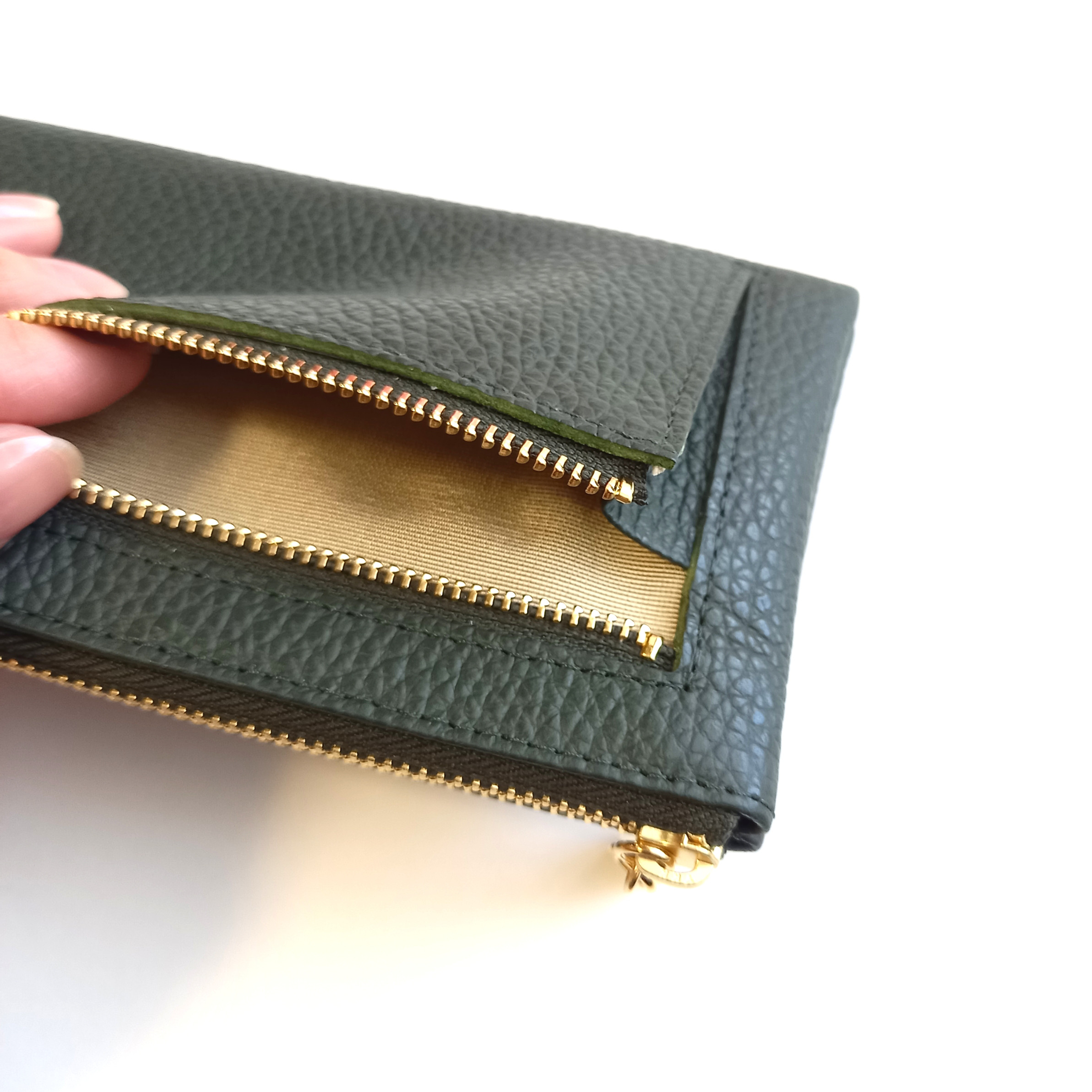 スリムで軽いミニ財布(チャコールダークグリーン) カード入れは10か所！高級イタリアンレザー◇コンパクト L字 革 薄い