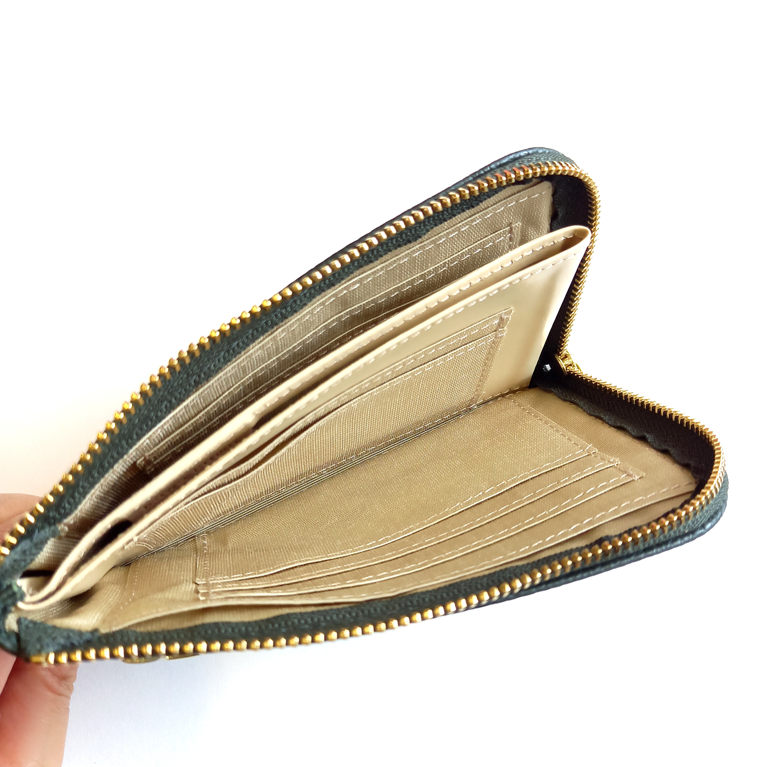 スリムで軽いミニ財布(チャコールダークグリーン) カード入れは10か所！高級イタリアンレザー◇コンパクト L字 革 薄い