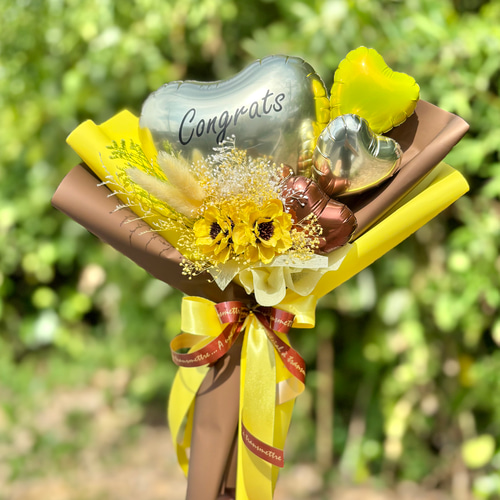 卒業祝い バルーンアレンジメント イエロー フラワーバルーンブーケ イエロー｜名入れ可｜誕生日・発表会・結婚