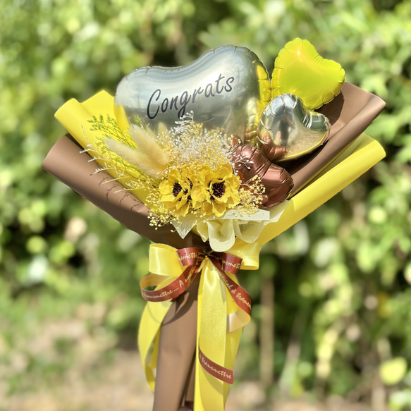 フラワーバルーンブーケ イエロー｜名入れ可｜誕生日・発表会・結婚