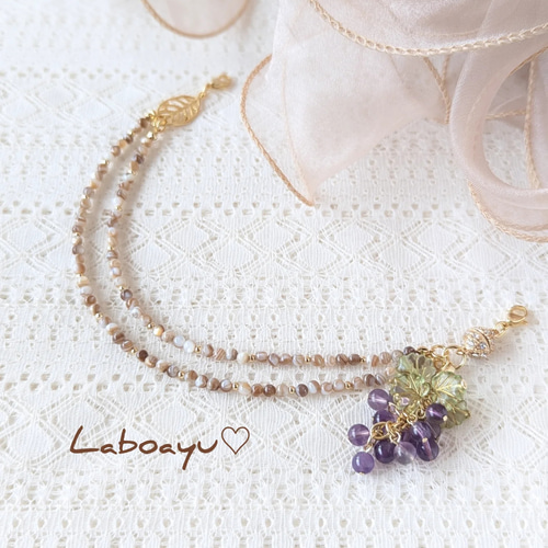 天然石2連羽織紐〈マザーオブパール〉＆木の実・葡萄チャーム 和装小物