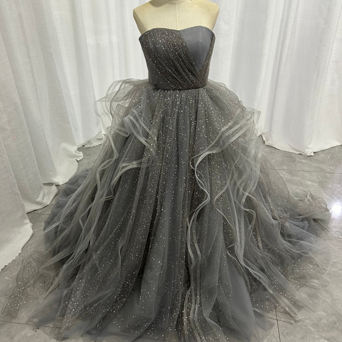 グレー カラードレス韓国風ドレスキラキラチュール もこもこフリル