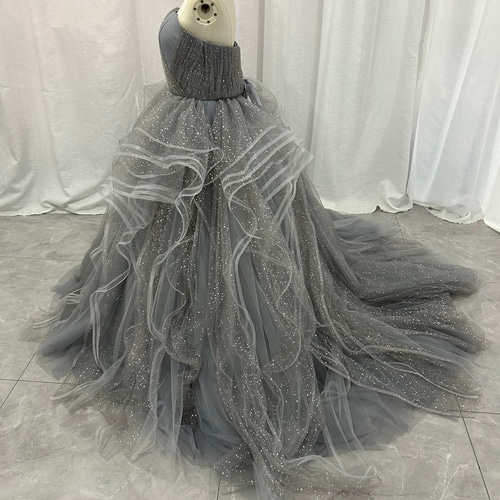 グレー カラードレス韓国風ドレスキラキラチュール もこもこフリル