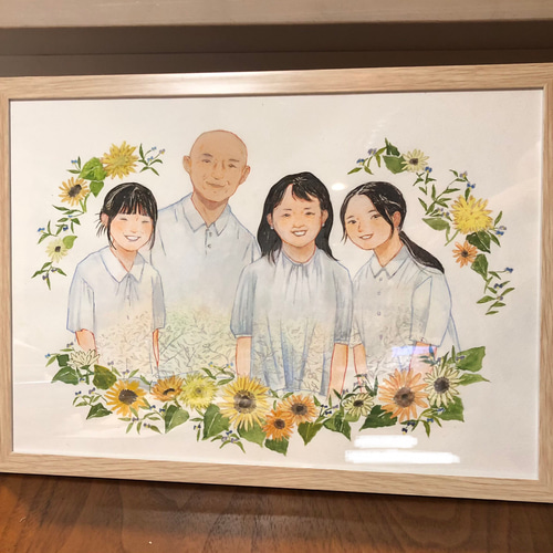 水彩画　アート　ポスター　似顔絵 額装込み】水彩似顔絵イラスト（家族似顔絵、ウェルカムボード