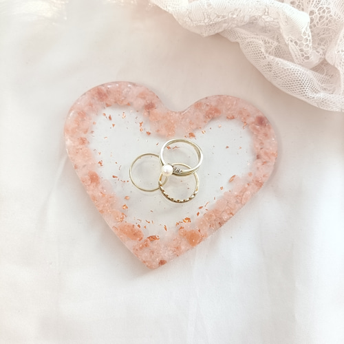 ピンクソルト＆銅箔のハートクリアトレー 塩 岩塩 お守り 天然石