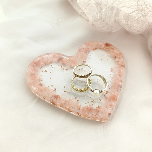 ピンクソルト＆銅箔のハートクリアトレー 塩 岩塩 お守り 天然石