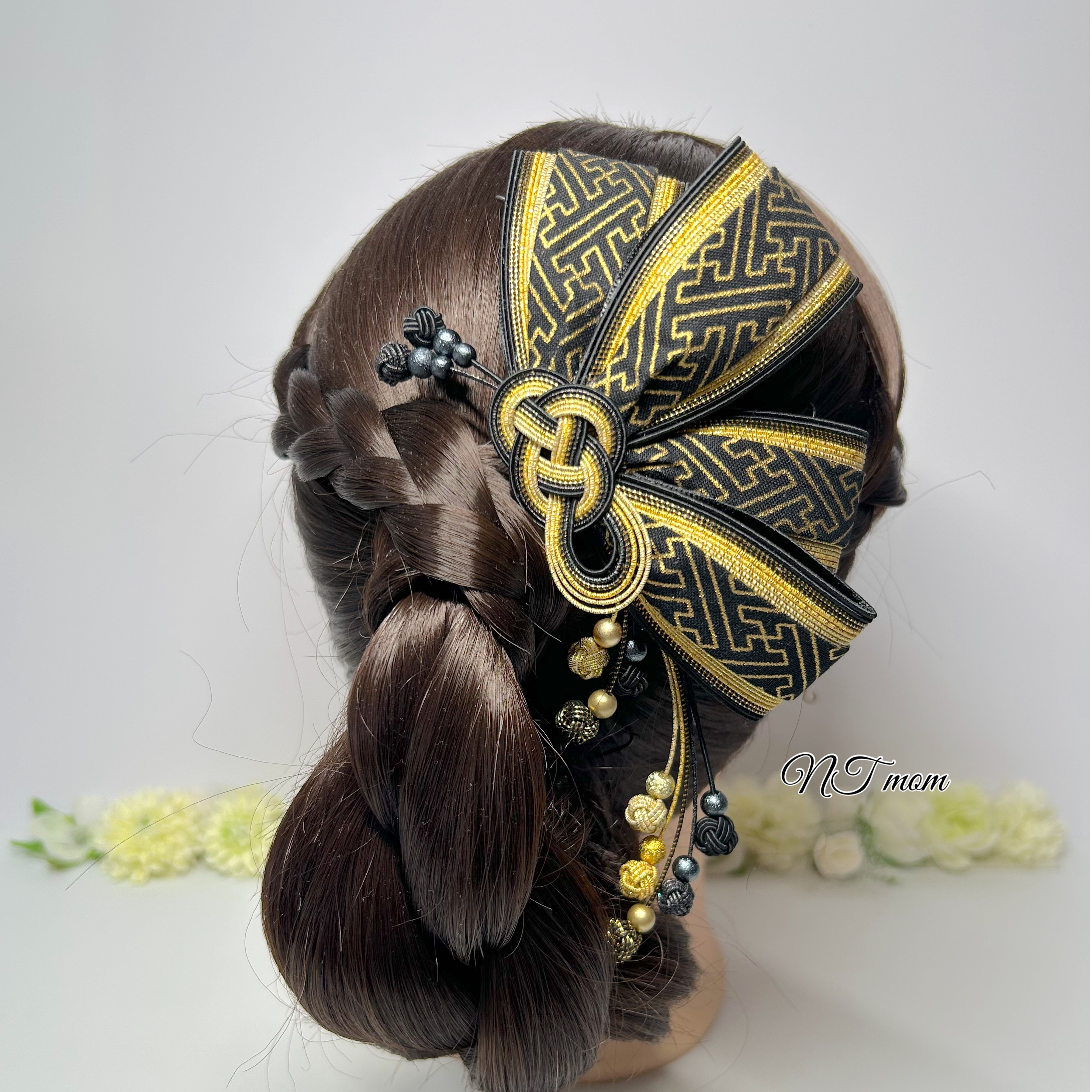 成人式卒業式結婚式・水引髪飾り・蝶リボン・金黒