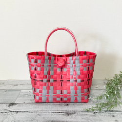 プラかごバッグ A4対応 LLサイズ レッド×グレー 大柄チェック プラカゴ