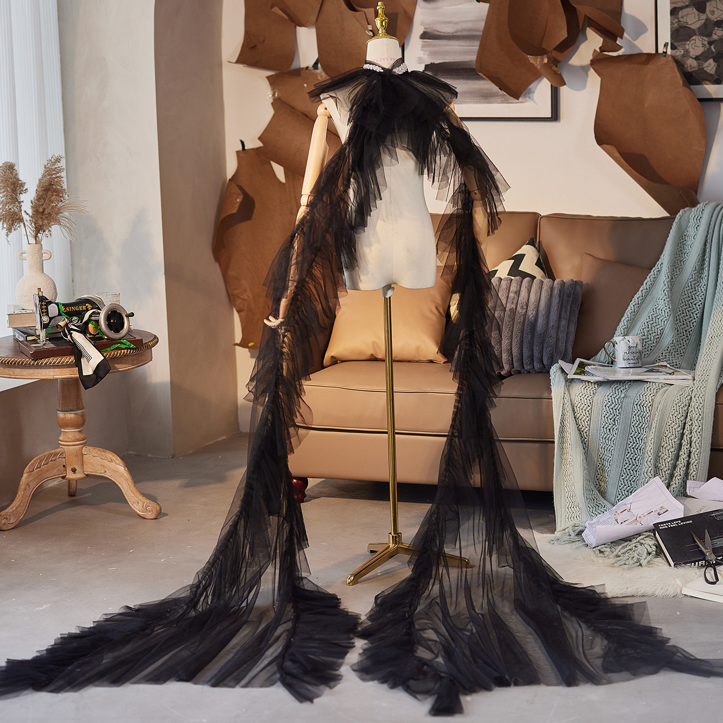 ケープ トレーン 裾引き ホルダーネック 黒 高級感 DIY 肩飾り アクセサリー ウェディングドレス DTY446