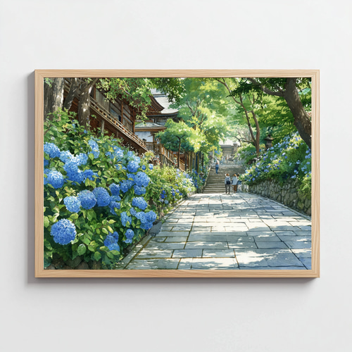 初夏の鎌倉・長谷寺 ー 青いアジサイと朝の光の小径 風景画インテリア