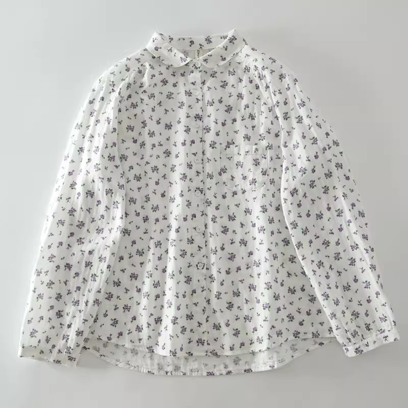 コットン100％ ダブルガーゼ 可愛い小花柄プリント 長袖ブラウス 春秋 白色