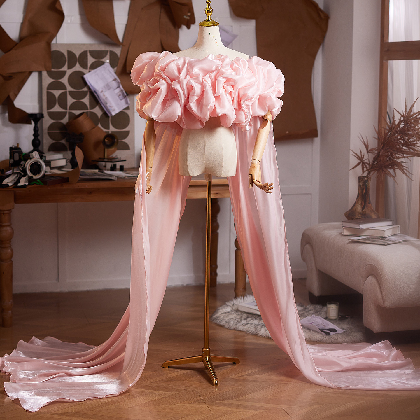 ケープ トレーン 裾引き オフショルダー ピンク DIY 綺麗 肩飾り アクセサリー ウェディングドレス DTY456