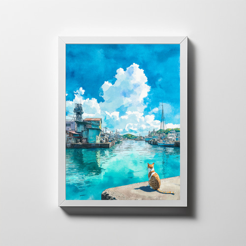 港町の夏空と猫 − インテリアポスター 風景画 インテリアアート