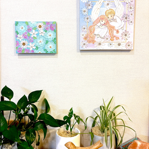 花束と天使のアクリル画 原画癒しのインテリア テクスチャーアート