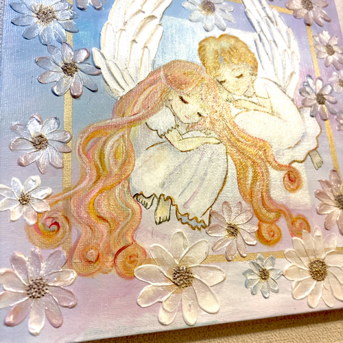 花に寄り添う天使たち＊アクリル画 原画 キャンバスアート 240mm