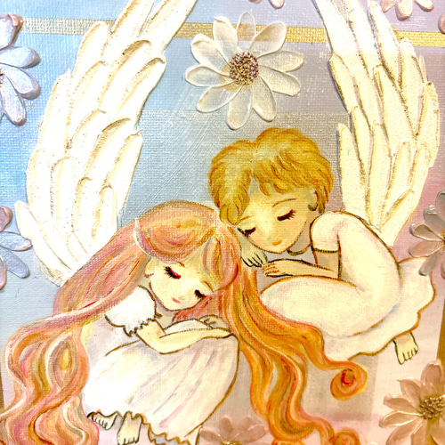 花に寄り添う天使たち＊アクリル画 原画 キャンバスアート 240mm