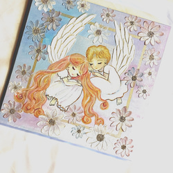 花束と天使のアクリル画 原画　癒しのインテリア テクスチャーアート 花束と天使のアクリル画 原画（240×240mm）／癒しのインテリア