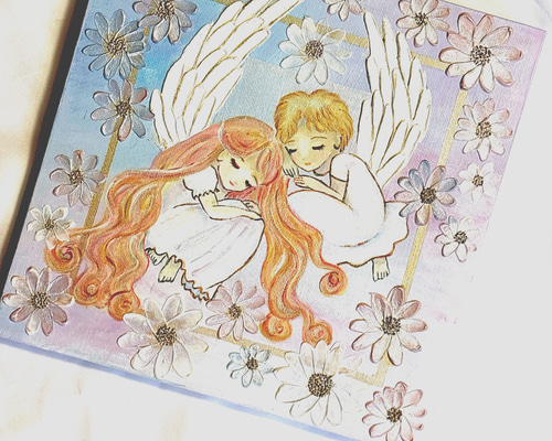 花に寄り添う天使たち＊アクリル画 原画 キャンバスアート 240mm