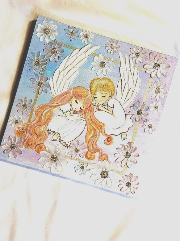 花に寄り添う天使たち＊アクリル画 原画 キャンバスアート 240mm