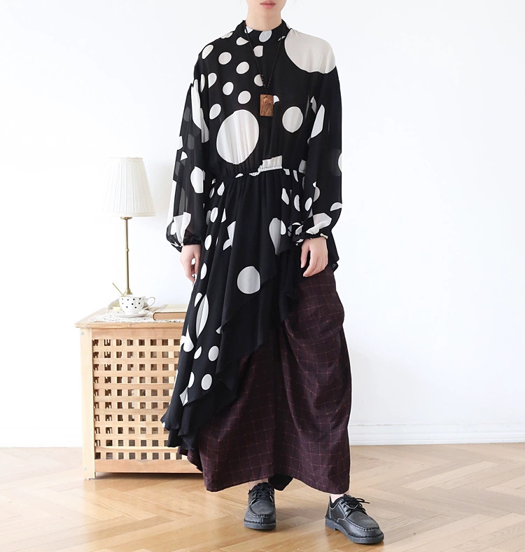 レトロとモードを融合したランダムドット柄☆アシンメトリーロングシャツ