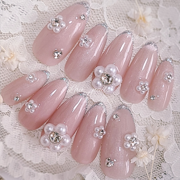ネイルチップ ワンホン フラワー パール 22)現品♡パールフラワーネイル ネイルチップ（つけ爪） twii*＊lau