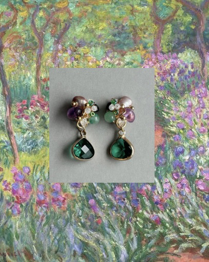 ジヴェルニーの庭のアヤメ｜モネ着想 天然石を編み込んだ 1点ものピアス／イヤリング