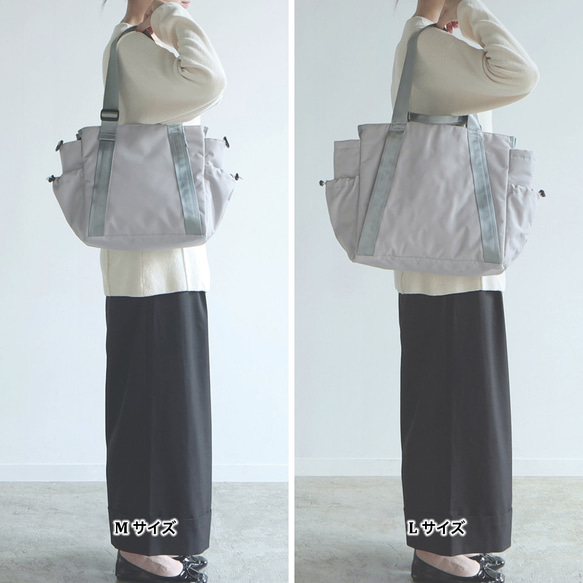 秋新作［Mサイズ］10ポケット3WAYバッグ 撥水加工ナイロン【ライトグレー】軽量大容量 トート/ショルダー SDGs 5枚目の画像
