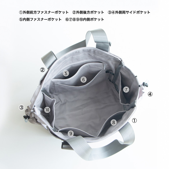 秋新作［Mサイズ］10ポケット3WAYバッグ 撥水加工ナイロン【ライトグレー】軽量大容量 トート/ショルダー SDGs 8枚目の画像