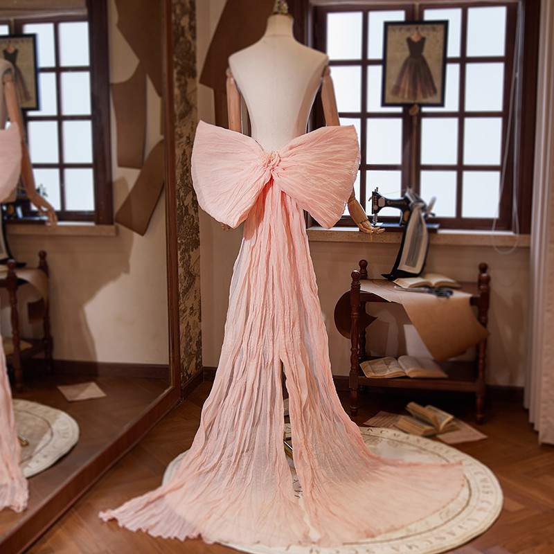 ロングトレーン 裾引き ピンク リボン 大トレーン 高級感 DIY アクセサリー ウェディングドレス DTY021