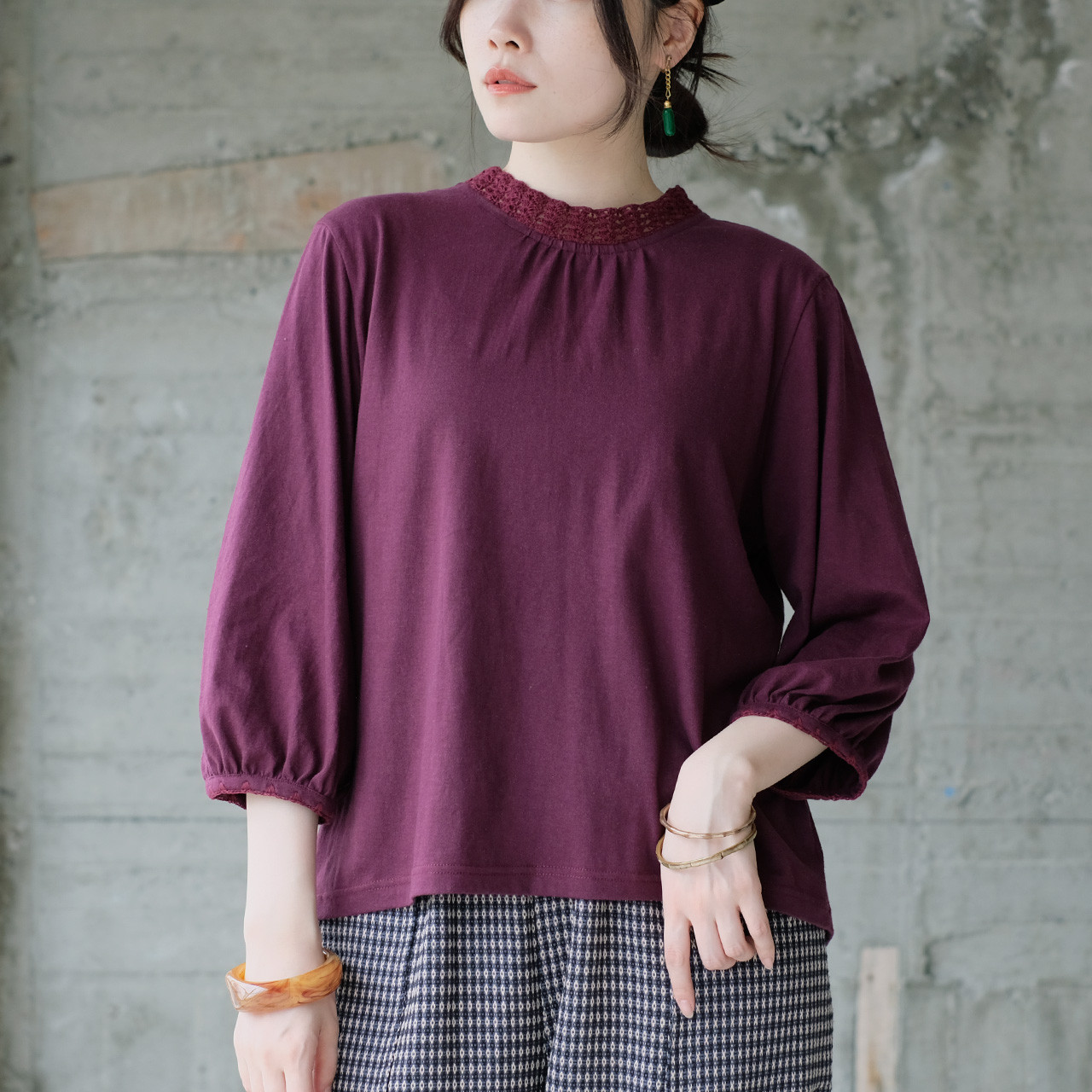 【待望の七分袖】人気シリーズ新作！かぎ針編み七分袖カットソー（25w-02）ボルドー
