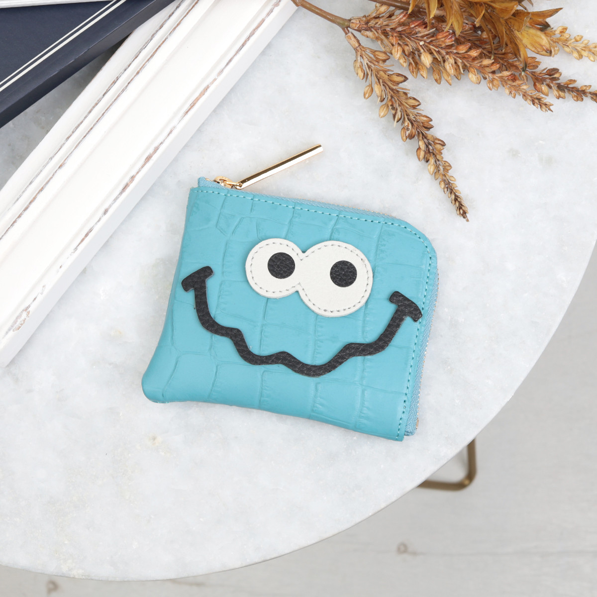 【クロコ型ブルー/キョロメmini】クロコダイル型押レザー思わず誰かに見せたくなるモンスターコンパクトミニL字財布