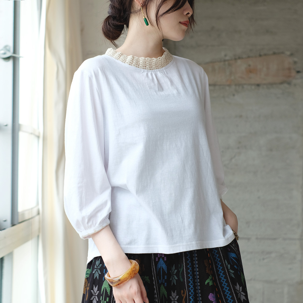 【待望の七分袖】人気シリーズ新作！かぎ針編み七分袖カットソー（25w-02）アイボリー