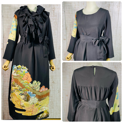 着物リメイク＊城・庭園風景刺繍正絹黒留袖ワンピースM～L＆ギャザー